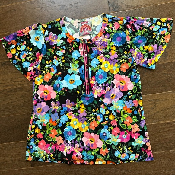 Johnny Was Wild Bloom Flutter Sleeve Henley Tee - Picture 2 of 6